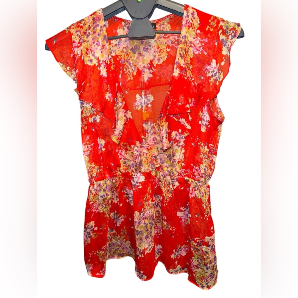 Twentyone Orange floral Sheer Ruffled Blouse, Size Medium